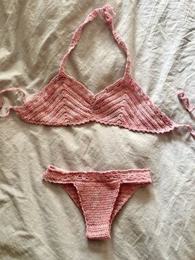 Hand-Crocheted Pink Bikini Set — Feminine Crochet Swim Top & Bottom